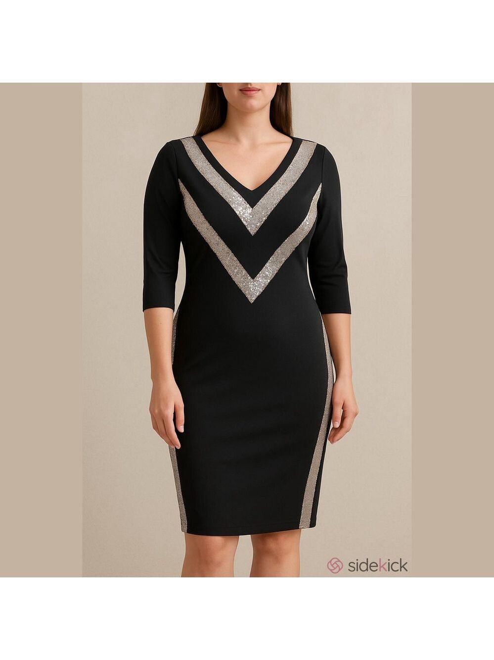 CBR Black Sequin Chevron V Neck Midi Dress Size Large NWT